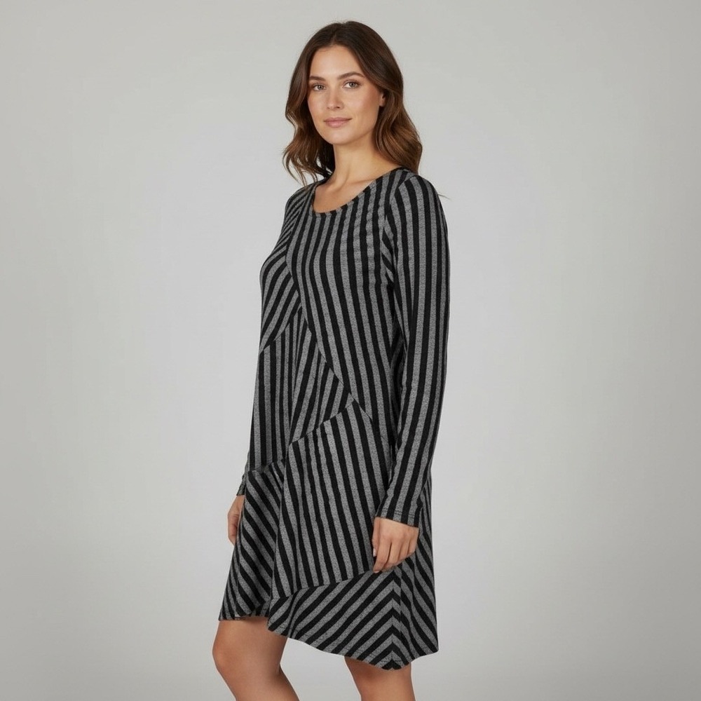 LISA BAYNE‎ Black Gray Striped Long Sleeve A Line Jersey Dress Size S